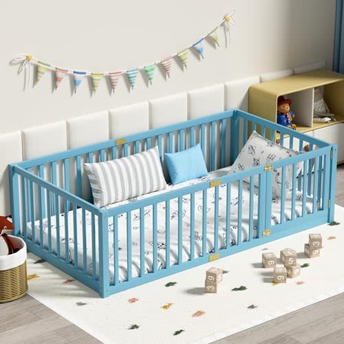 LLS Twin Size High Fence Floor Bed, Solid Wood Multifunctional Montessori Bed Frame with Door for Toddler Kids, Without Slats, Sky