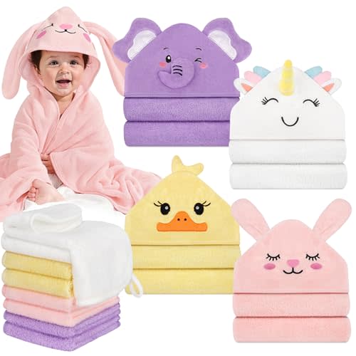 CandyHome 12 PCS Baby Bath Towels for Infants Toddlers, 4 PCS Animal Hooded Baby Towels & 8 PCS Washcloths Set, Ultra Absorbent Soft Cute Newborn Essential Gift for Boys & Girls