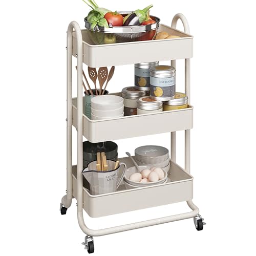 MIOCASA 3-Tier Metal Utility Rolling Cart, Heavy Duty Multifunction Cart with Lockable Casters, Easy to Assemble, Suitable for Office, Bathroom, Kitchen, Garden