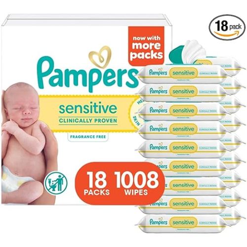 Pampers Sensitive Baby Wipes, Water Based, Clinically Proven, Hypoallergenic, and Unscented for Babies, 1008 Wipes Total (18 Flip-Top Packs) [Packaging May Vary]