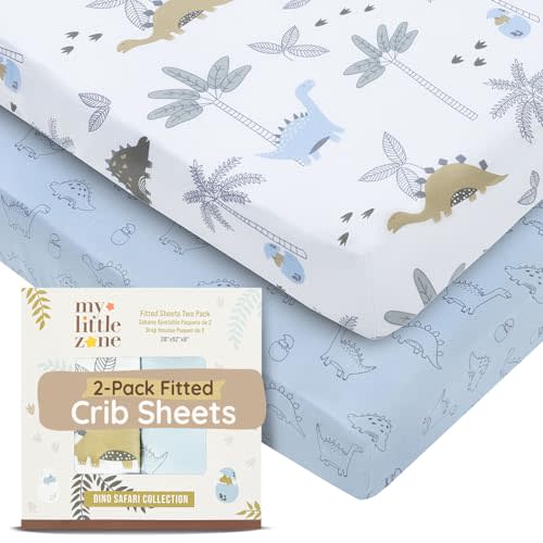 Baby Dinosaur Crib Sheets for Boys & Girls Toddler Bed Sheets Cotton Fitted Crib Sheet Neutral Sets 28"x52", 8" Deep Pocket, Baby Mattress Sheet 2Pack 100% Cotton, Designed in France, Blue White