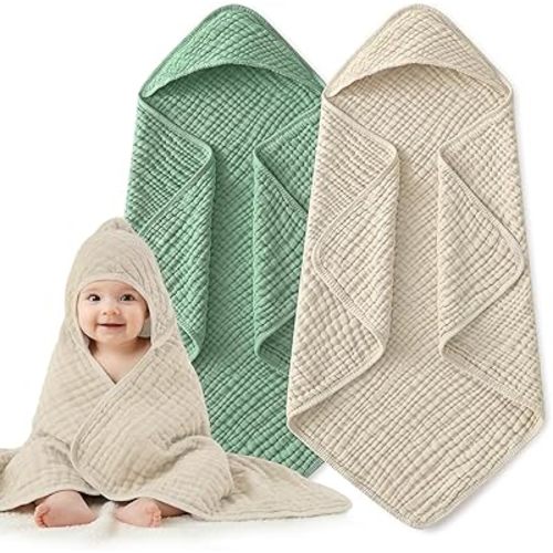 Hooded Baby Bath Towels for Newborn, 2 Pack - 6-Layer 100% Muslin Cotton, Soft Absorbent Baby Towels with Hood for Babies, Infants & Toddlers, Large 32x32 Inch Unisex Newborn Baby Bath Essentials