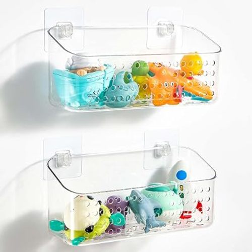 Bath Toy Storage 2 Packs, Large Bath Toy Holder, Quick Dry Bathtub Toys Organizer, Shower Caddy Shower Organizer for Bathroom Storage, No Drill Shelves Basket, Drainable, Clear White