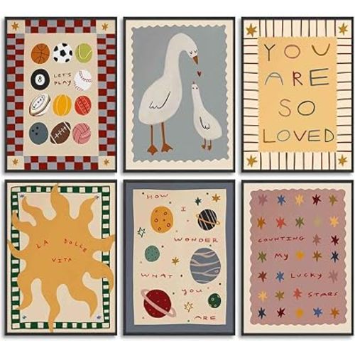 Pyvrah Set of 6 Unframed Art Prints, Boho Kids Room Wall Art, 8x10 Inch