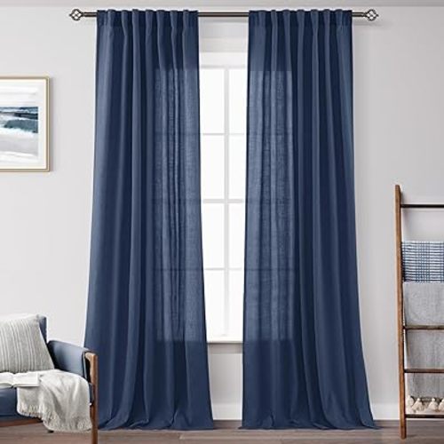 Navy Blue Curtains 84 inch Length for Bedroom Back Tab Light Filtering Semi Sheer Blue Living Room Curtains Linen Polyester Indigo Blue Drapery Panel Modern Farmhouse Aesthetic Decor Dark Blue