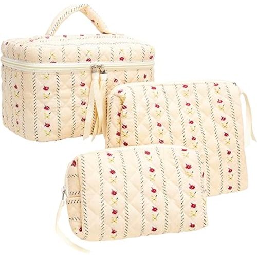 PAZIMIIK 3PCS Makeup Bag SET Large Travel Quilted Zipper Soft Cosmetic Case Pouch for Women Girls Make Up,Little Flower Beige