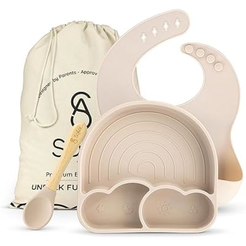 BPA-Free Non-Toxic Silicone Baby Plate Set – 4-Piece Baby Led Weaning Starter Kit with Suction Divider Plate, Soft Spoon & Waterproof Bib – Ages 6+ Months – Eco Gift Bag (Beige)