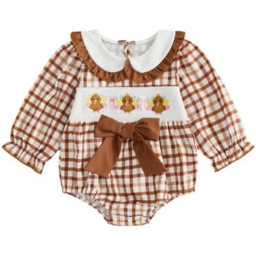 Newborn Baby Girl Thanksgiving Outfit Turkey Plaid Smocked Romper Clothes