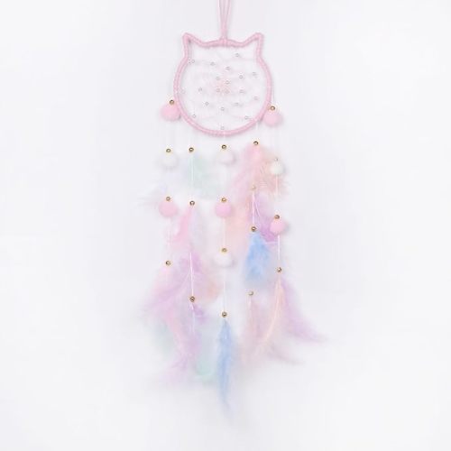Pretty Jolly Pink Cat Kids Dream Catcher Wall Decor Pompom Feather Baby Dreamcatcher Handmade Children Dream Catcher Home Décor Wall Hanging for Nursery Bedroom Boys Girls Birthday Gift-25.6in