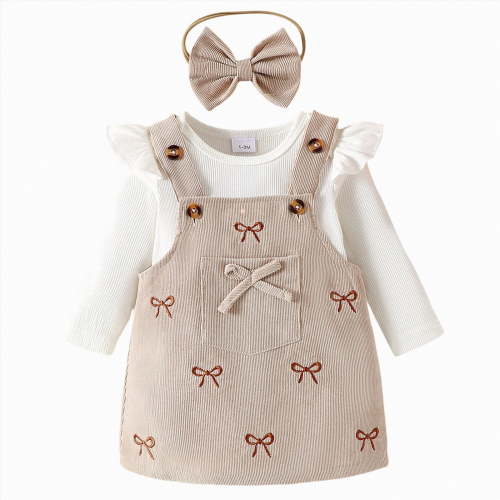 CAICJ98 Baby Girl Outfits Newborn Long Sleeve Romper Bow Overall Dresses Suspender Skirt Headband Set Infant Fall Winter Clothes (White,6-9 Months)