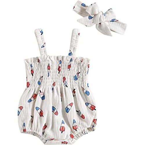 Baby Girl 4th of July Outfit Ice Cream Sleeveless Fourth of July Romper Newborn Independence Day Clothes