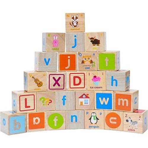 Montessori Mama Wooden Blocks for Toddlers 1-3 - Large 1.6" Hardwood Stacking Blocks with Letters, Shapes, Colors, and Images - Perfect for Early Development and Play