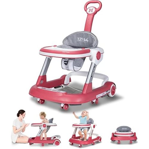 Baby Walker with Wheels 5 in 1 Foldable Activity Center with Mute Wheels Adjustable Heights Anti-Fall Push Walkers for Boys Girls Safe Infant Toddler Walker with Footrest for 6-24 Months