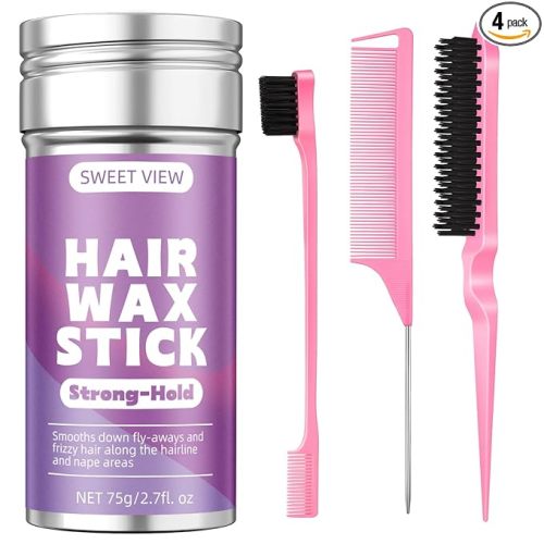 Hair Wax Stick & Slick Back Hair Brush for Tame Flyaways, Frizz, Sleek Ponytails, Buns | Pomade/Balm/Gel Stick for Woman, Styling Accessories for Girls