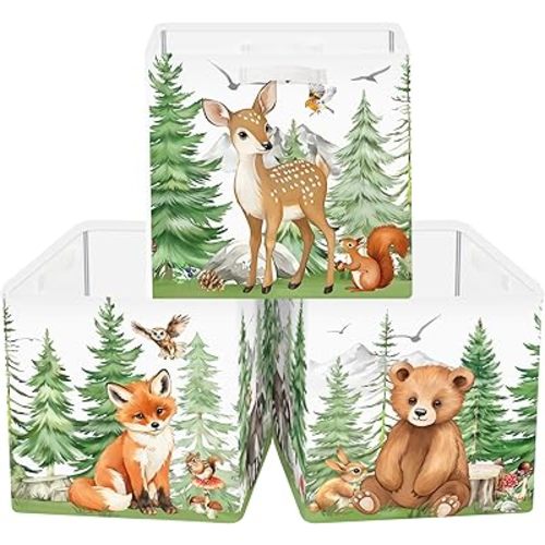 Clastyle 3 pcs Cute Animals Cube Storage Unit Bin with Metal Frame Leaf Kallax Box for Shelves Parents Closet Organizer Basket for Book Clothes Toy Organizer, Cedar Lion Elephant, 11.8x11.8x11.8 in