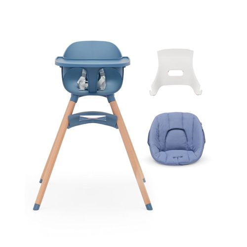 Lalo The High Chair Infant Kit - Convertible Wooden High Chair for Babies & Toddlers with Infant Support & Cushion, Grows with Your Child, Dishwasher Safe Tray, Adjustable Footrest Blueberry