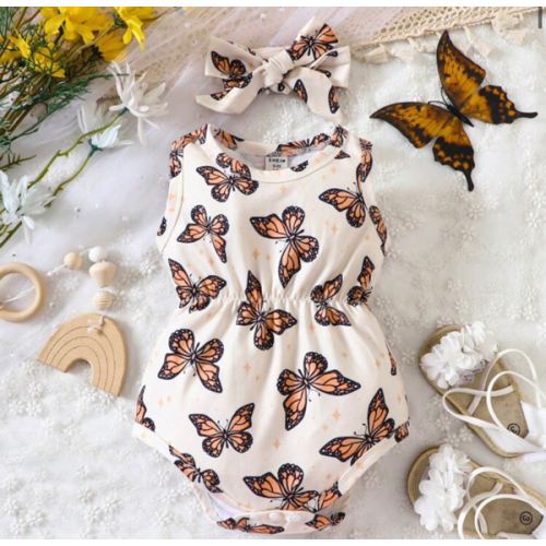 Baby Girl Butterfly Print Bodysuit & Headband | SHEIN USA