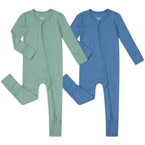 Teach Leanbh Unisex Baby 2 Pack Bamboo Viscose Pajamas with Mittens and Feet Cuffs 2 Way Zipper Long Sleeve Romper