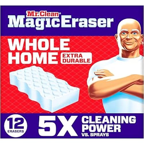 Mr. Clean Magic Eraser Sponge, All Purpose Cleaner, Cleaning Scrubber, Wall, Sneaker, Kitchen, Bathroom, Shower Cleaning Supplies, Melamine Sponge, Cleaning Pads, Whole Home Extra Durable, 12ct