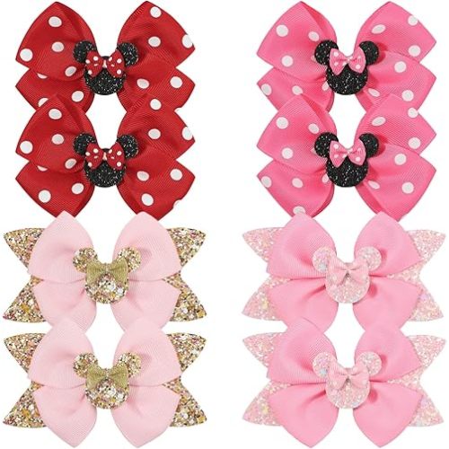 Qearl 8 Pcs Mouse Ears Bow Clips for Girls, Polka Dot Red Bows Theme Park Costume Party Decoration for Toddlers Girls in Pairs