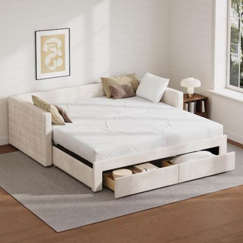 Beige Space-Saving Twin to King Size Upholstered Extendable Daybed Frame with Trundle and 2-Storage Drawers