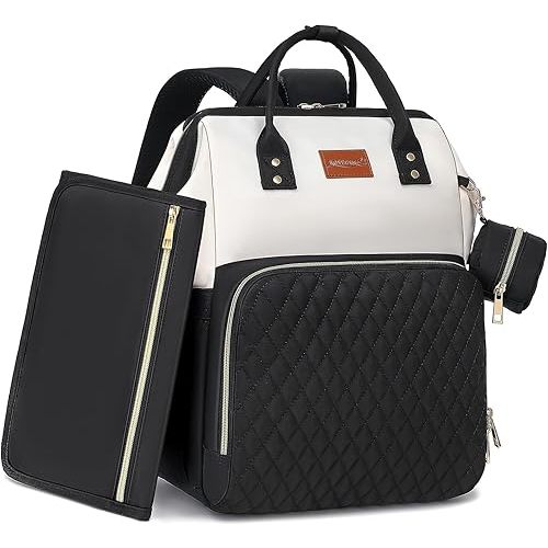 Baby Diaper Bag Backpack with Changing Pad, Pacifier Case, for Boy Girl Toddler - Large, Stylish, Waterproof Travel Quilted Diaper Bag for Mom - Black/White