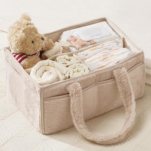 luxury little Soft Baby Diaper Caddy Organizer, Nursery Storage Basket with Removable Divider, Portable Baby Diapers Basket, Gifts for New Parent, Baby Shower, Newborn Must-Have Essentials, Ivory