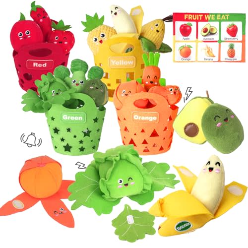 WOWOHAGE Baby Sensory Toys - Plush Color Sorting Fruit Veggie Baby Toys 6-12 Months, Pretend Play Food with Rattle Crinkle for Toddlers 1-3, Montessori Toys for 1 Year Old Boys Girls Birthday
