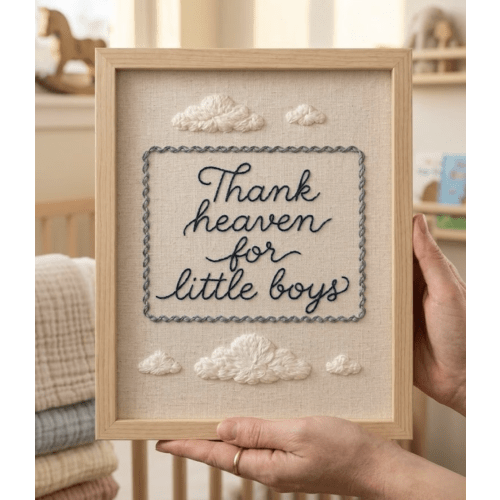 Thank Heaven for Little Boys Hand Embroidery Frame, Baby Nursery Decor, Vintage Nursery Quote, Embroidered Cloud Wall Art - 8" x 10"