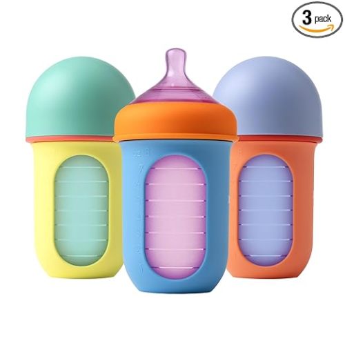 Boon Nursh Bottles - Silicone Baby Bottles Help Ease Colic Symptoms - Reusable Food-Grade Silicone Pouches with Polypropylene Shell - Medium Flow - 8 Oz - Color Block