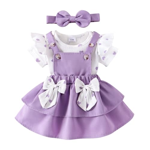 FOCUTEBB Baby Girl Clothes Newborn Romper Love Heart Print Short Sleeved Ruffled Bow Skirt Headband Outfits Set 0-18 Months