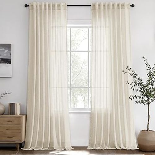 ANRODUO Ivory Semi Sheer Linen Curatins 96 inch Length 2 Panels Set Cream White Back Tab Light Filtering Privacy Drapes 96 inch Long Boho Rustic Cotton Textured Gauze for Bedroom Living Dining Room