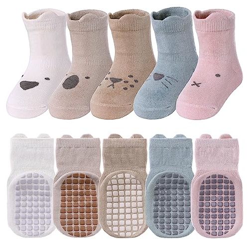TRUEHAN 5 Pairs Toddler Non Slip Socks with Grips Baby Socks for Kids Girls Boys