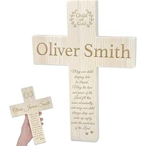 Baby Cross for Bedroom Wall - Personalized Christian Decor for Baby Girl Boy Nursery, Decorative Hanging Cross for Kids Room with Child's Name, Custom Engraved Message, Baby Blessing Decor Standing