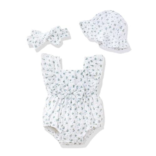 Renotemy Baby Girl Clothes Infant Summer Romper Cotton Linen Newborn Essentials Photography Preemie Outfits with Hat&Headband
