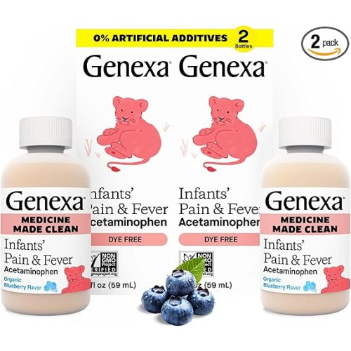 Genexa Infants’ Clean Pain & Fever Acetaminophen, Dye Free, 0% Artificial Additives, Delicious Organic Blueberry Flavor, Liquid Oral Suspension Medicine for Baby, 160 mg per 5mL, 4 fl oz (2 Pack)
