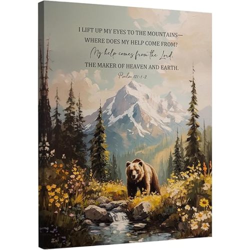 DIENADFX Christian Bear Woodland Canvas Wall Art Decor, Psalm 121 Bible Verse Quotes Paintings Wall Decor Decorations, Bear Mountain Forest Religious Wall Art Pictures for Living Room, 11x14 Inches