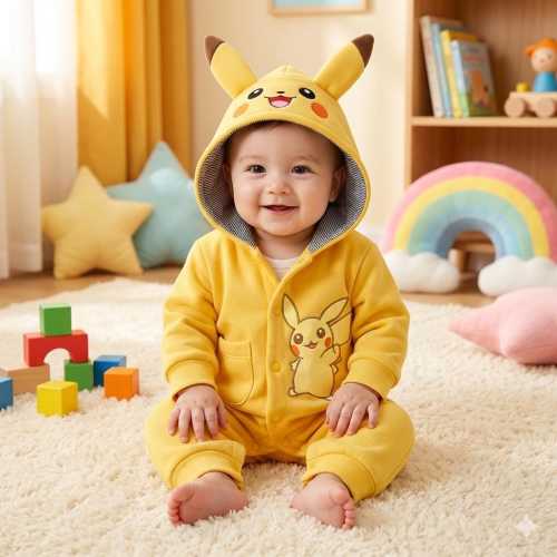 Pikachu Baby Romper Yellow Fleece Infant Jumpsuit Pokemon Costume Outfit Newborn Toddler One Piece