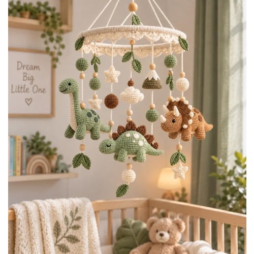 Crochet Dinosaur Baby Mobile, Dino Crib Mobile, Jurassic Nursery Decor, Stegosaurus Triceratops Baby Shower Gift