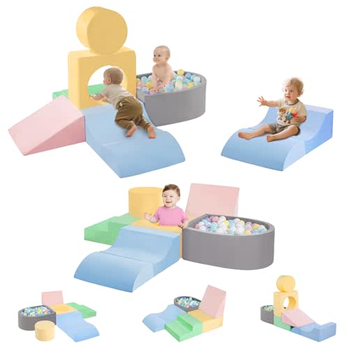 CAMELUS Toddler Climbing Toys Indoor, Baby Foam Climbing Blocks with Ball Pit for 1-3 Years Old, 6-Piece Soft Play Set Climbing Blocks, Climb Crawl Activity Play, Birthday (Balls not Included)
