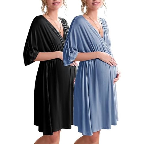 Ekouaer 3 in 1 Labor/Delivery/Hospital Gown 2 Pack Maternity Dress Nursing Nightgown Sleepwear