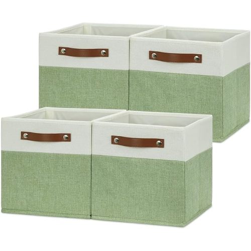HNZIGE Fabric 11x11 Cube Storage Bins, Set of 4, Foldable Storage Cube Bin Baskets for Shelves with Handles, Bins for Cube Organizer Home Toy Nursery Closet(Green White)