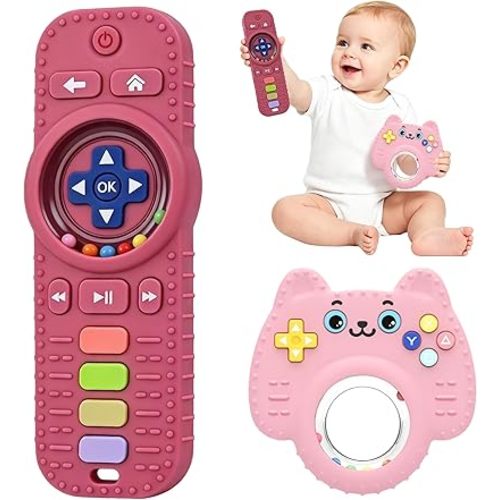 Chuya Baby Toys Baby TV Remote Control Teething Toys, 2 Pack Silicone Rattles Rings for 0-18 Months, Teethers Sensory Development Gift for Infants