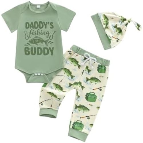 Newborn Baby Boy Fishing Outfit Fish Letter print Short Sleeve Romper Jumpsuit and Pants Hat 3Pcs Clothes