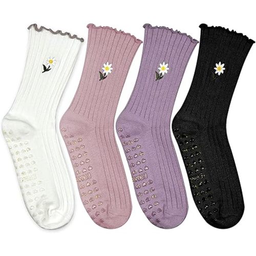 4 Pairs Cute Pilates Grip Socks for Women – Ruffle Top Non Slip Yoga Barre Crew Socks for Workout, Dance, Hospital