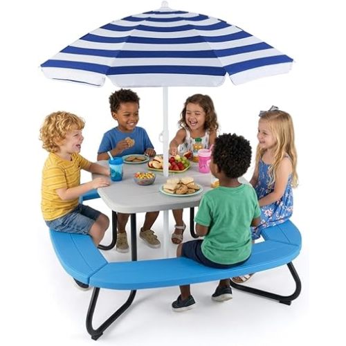 Costzon Kids Picnic Table, 8 Person Kids Outdoor Table and Chairs with Foldable & Adjustable Umbrella, 4 Built-in Benches, Toddler Outdoor Furniture for Backyard, Patio, Garden (Blue)