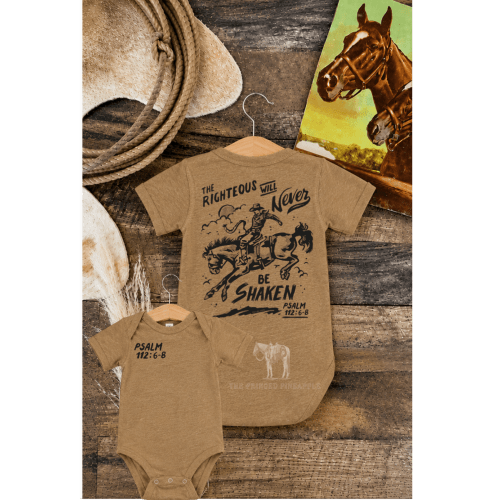 "Never Be Shaken" Kids Bronc Rider Onesie/Tee-Psalm 112:6-8(Coyote) – theFRINGEDpineapple