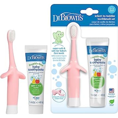 Dr. Brown’s Infant-to-Toddler Training Toothbrush Set, Pink Elephant with Fluoride-Free Apple Pear Baby Toothpaste, 0-3 years