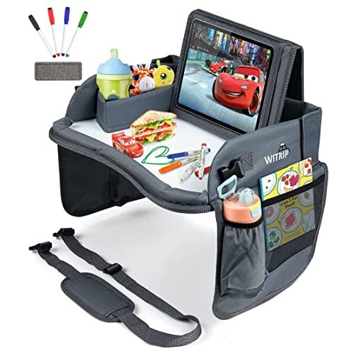 Kids Travel Tray with Dry Erase Board - Car Seat Tray for Kids Travel, Carseat Table Top for Toddler, Lap Desk for Car Seat, Activity Organizer & Snack Holder, Road Trip Essentials for Kid (Gray)