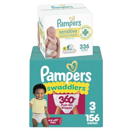 Pampers Swaddlers 360 Pull-On Diapers, Size 3, 156 Count, with Sensitive Baby Wipes, 4 Flip-Top Packs (336 Wipes Total) [Packaging May Vary]